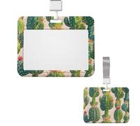 Porte-badge coulissant horizontal en plastique pour bureau - Motif cactus vert - Étui de protection pour carte d'identité de travail, carte de nom pour permis de conduire, d'infirmière