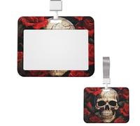 Porte-badge coulissant horizontal en plastique pour bureau Motif tête de mort Rose Rouge Étui de protection pour carte d'identité professionnelle pour permis de conduire, d'infirmière