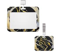 Porte-badge coulissant horizontal en plastique pour bureau - Noir et doré - Marbré - Étui de protection pour carte d'identité de travail, carte de nom pour permis de conduire, d'infirmière