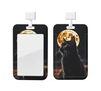 Porte-badge coulissant pour bureau avec fenêtre transparente, motif chat noir assis devant la pleine lune - Étui de protection en plastique pour cartes de permis de conduire