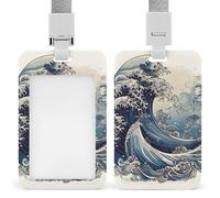 Porte-badge coulissant vertical en plastique avec fenêtre transparente - Style vague bleue - Protection pour cartes de travail, cartes d'identité, cartes de crédit pour bureau