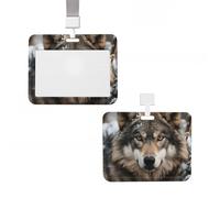 Porte-badge coulissant vertical en plastique rigide avec lmage de loup dans la neige - Housse de protection étanche avec cordon pour carte d'identité - Pour bureau, infirmière, médecin, enseignant