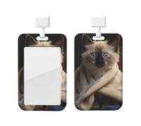 Porte-badge coulissant vertical en plastique transparent - Étui en plastique rigide - Pochette pour badge de travail - Chat sur couverture - Porte-badge avec cordon de protection pour cartes
