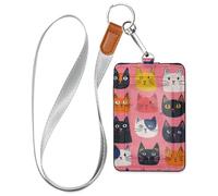 Porte-badge de sécurité simple en cuir avec illustration de chat de dessin animé avec cordon et 3 cartes d'identité, pour bureau, école, hôtel, cartes de passe