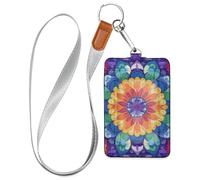 Porte-badge de travail coloré à motif mandala pour femme avec cordon et 3 porte-cartes pour le personnel, les officiers, les étudiants, les médecins, les employés