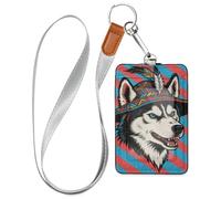 Porte-badge de travail en cuir de style tribal husky à rayures rouges et bleues pour femme avec cordon et 3 cartes d'identité, pour bureau, école, hôtel, cartes de passe