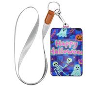 Porte-badge d'Halloween en cuir citrouille bleue et noire avec cordon et 3 porte-cartes pour employés de bureau, infirmières, enseignantes, étudiants