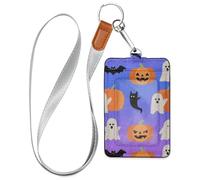 Porte-badge d'Halloween en cuir citrouille orange avec lanière et capacité de 3 cartes pour carte d'identité, bureau, école, hôtel, carte de passe