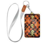 Porte-badge d'Halloween en cuir citrouille orange et noir pour femme avec lanière et capacité de 3 cartes d'identité - Pour bureau, hôpital et permis de conduire