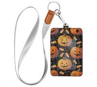 Porte-badge d'Halloween en cuir citrouille orange pour femme avec lanière et capacité de 3 cartes - Pour bureau, hôpital et permis de conduire