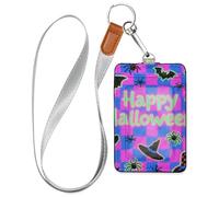 Porte-badge d'Halloween en cuir de citrouille bleu-violet avec lanière et 3 porte-cartes pour bureau, école, hôtel, cartes de passe