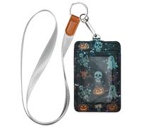 Porte-badge d'Halloween en cuir de citrouille noire à paillettes pour femme avec cordon et capacité de 3 cartes d'identité, pour bureau, hôpital et permis de conduire