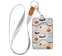 Porte-badge d'Halloween en cuir de citrouille orange avec lanière et porte-cartes d'une capacité de 3 cartes pour bureau, école, hôtel, cartes de passe