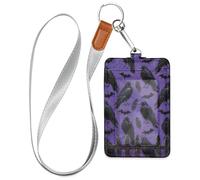 Porte-badge d'Halloween en cuir de corbeau noir avec lanière et capacité de 3 cartes d'identité, pour bureau, école, hôtel, cartes de passe