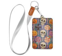 Porte-badge d'Halloween en cuir jaune citrouille crâne bonbon mignon avec lanière et capacité de 3 cartes pour employés de bureau, infirmières, enseignants, étudiants
