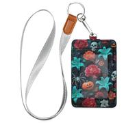 Porte-badge d'Halloween en cuir jaune citrouille crâne fleur avec cordon et 3 cartes de capacité pour employés de bureau, infirmières, enseignants, étudiants