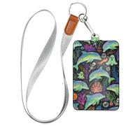 Porte-badge d'Halloween en cuir pour femme avec cordon et 3 cartes pour bureau, hôpital et permis de conduire Bleu