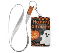 Porte-badge d'Halloween en cuir pour femme avec lanière et capacité de 3 cartes, pour bureau, hôpital et permis de conduire Orange