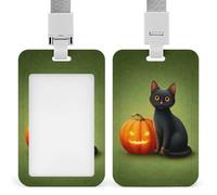 Porte-badge d'Halloween rétractable avec motif chat noir et citrouille orange
