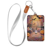 Porte-badge d'Halloween rétro en cuir citrouille orange pour femme avec lanière et étui d'une capacité de 3 cartes avec porte-cartes pour le personnel, les officiers, les étudiants, les médecins, les