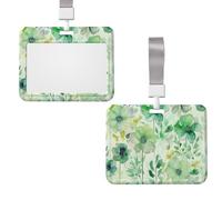 Porte-badge d'identification à motif aquarelle de fleurs vertes avec lanière coulissante - Porte-badge vertical étanche avec fenêtre transparente - Pour bureau, carte d'identité et crédit