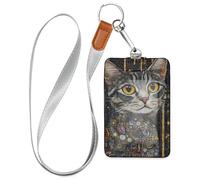 Porte-badge d'identification en cuir avec illustration de chat géométrique pour femme avec cordon et porte-cartes d'une capacité de 3 cartes pour bureau, hôpital et permis de conduire