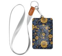 Porte-badge d'identification ethnique en cuir doré et bleu pour femme avec cordon et capacité de 3 cartes, pour bureau, école, hôtel, cartes de passe