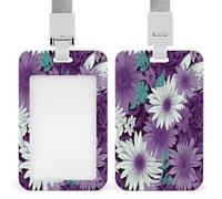 Porte-badge d'identification floral violet et blanc avec cordon et clip - Porte-cartes vertical en plastique ABS rigide, porte-nom tendance pour bureau, entreprise et travail quotidien