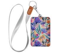 Porte-badge en cuir avec illustration de fleurs vibrantes avec cordon et 3 cartes d'identité pour le personnel, les officiers, les étudiants, les médecins, les employés