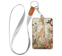 Porte-badge en cuir avec motif girafe, oiseaux, fleurs, illustration botanique, style vintage avec cordon et 3 porte-cartes pour bureau, école, hôtel, cartes de passe