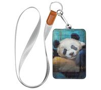 Porte-badge en cuir de panda endormi avec lanière et 3 porte-cartes pour bureau, école, hôtel, carte de passe