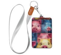 Porte-badge en cuir style théâtre cochon mignon avec lanière et 3 porte-cartes pour employés de bureau, infirmières, enseignants, étudiants
