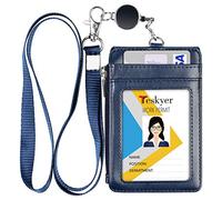 Porte-badge en cuir Teskyer avec lanière et enrouleur rétractable, 4 emplacements ID et 1 poche zippée pour bureau, école, nom, travail