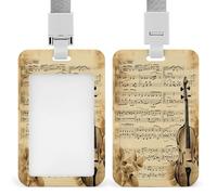 Porte-badge en plastique avec motif notes de musique sur vieux papier avec lanière - Porte-carte d'identité tendance avec fenêtre verticale - Pour infirmière, enseignante, travailleur, bureau