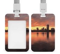 Porte-badge en plastique rigide étanche avec cordon, motif d'horizon de la rivière Boston Charles et coucher de soleil - Porte-badge vertical robuste pour bureau, infirmière, enseignante
