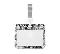 Porte-badge en plastique rigide noir et blanc avec motif crânes avec fleurs coulissantes pour cartes de travail, porte-nom, porte-nom pour infirmières et bureau