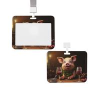 Porte-badge étanche avec cordon tour de cou amovible pour homme et femme - Motif cochon et vin rouge - Pour le travail, le bureau, les infirmières et les enseignants