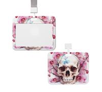 Porte-badge étanche avec motif tête de mort humain et fleurs roses pour homme et femme avec cordon tour de cou amovible, protection de carte pour travail, bureau, infirmière, enseignant