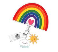 Porte-badge extensible arc-en-ciel pour employé | Porte-badge arc-en-ciel pour un accès rapide à la carte - Centre décoratif en forme de cœur avec soleil et nuage - 1 pièce