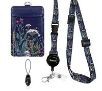 Porte-badge floral vertical en cuir synthétique avec cordon tour de cou amovible et bobine de badge rétractable et boucle robuste pour porte-clé, portefeuille (fleur sauvage)