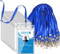 Porte Badge, Flyme 50PCS Plastique -Avec Lanière, étanche, Transparent, Tour De Cou (Bleu, Verticale)