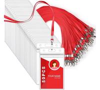 Porte Badge, Flyme 50PCS Plastique - Avec Lanière, étanche, Transparent, Tour De Cou (Rouge, Verticale)