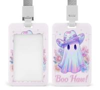 Porte-badge holographique avec motif fantôme pastel portant un chapeau de cowboy avec clip rétractable, protecteur de carte, badge nominatif, étiquette de nom pour travail, bureau, médecin, infirmière