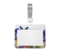 Porte-badge horizontal en plastique rigide avec fenêtre transparente - Motif fleur d'iris et papillon - Avec lanière détachable