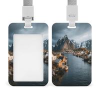 Porte-badge imprimé vertical pour village de pêcheurs et fjord - Convient pour bureau, école, carte d'identité, carte de proximité, permis de conduire, carte de permis et laissez-passer