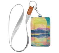 Porte-badge japonais Fuji Mountain en cuir coloré pour femme avec cordon et porte-cartes d'une capacité de 3 cartes pour employés de bureau, infirmières, enseignantes, étudiantes