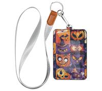 Porte-badge mignon avec lanière et 3 cartes avec porte-cartes, pour bureau, école, hôtel, cartes de passe, drapeaux avec éléments d'Halloween