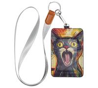 Porte-badge mignon en cuir avec illustration de chat hurlant coloré avec cordon et 3 porte-cartes pour bureau, hôpital et permis de conduire