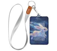 Porte-badge mignon en cuir de lapin nain avec cordon et 3 cartes d'identité et porte-cartes pour bureau, école, carte clé, carte de passe