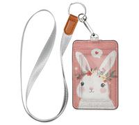 Porte-badge mignon en cuir de lapin rose avec cordon et 3 cartes de sécurité pour bureau, école, carte clé, carte de passe